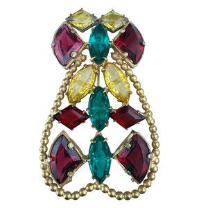 Vintage Multi-Color Rhinestone Brooch With Gold-Tone Setting Unique Bold Stateme